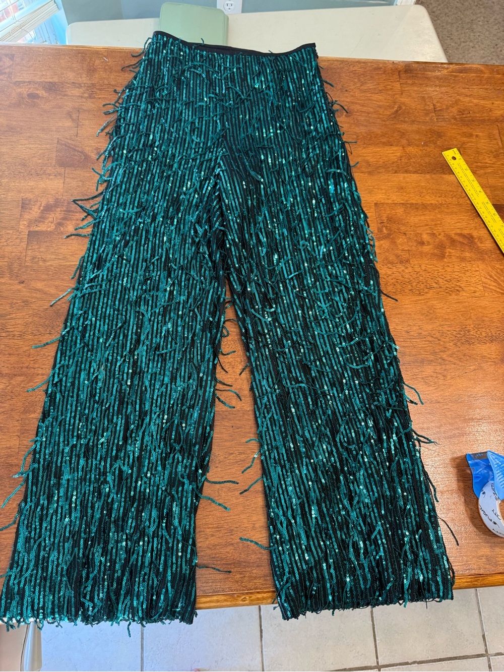 Maeve by Anthropologie Fringed Sequined Wide Leg Pants Green Sz 0 Holiday